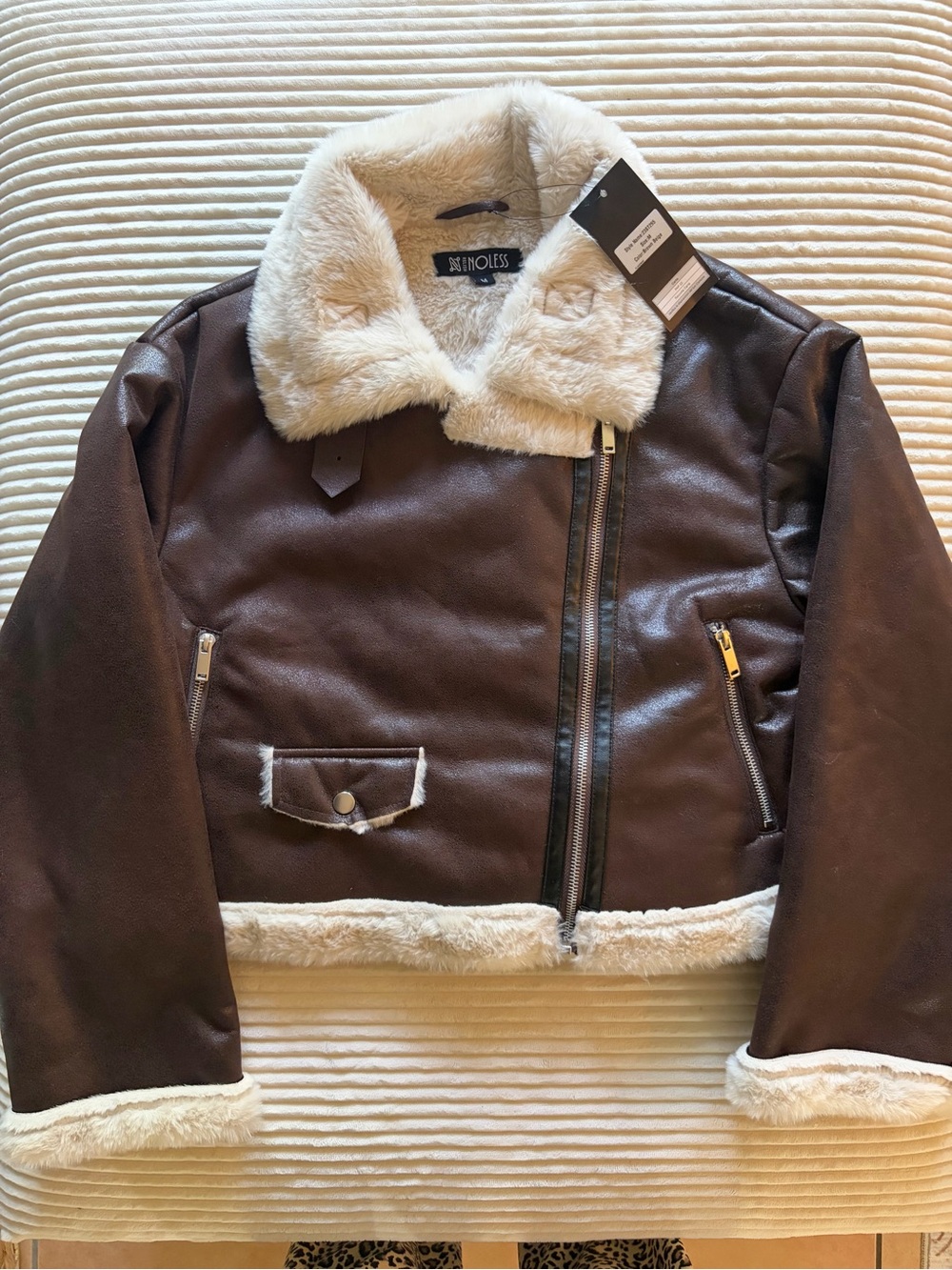 Relish N Women's Brown Faux Leather Jacket with Cream Faux-Shearling Trim Size M